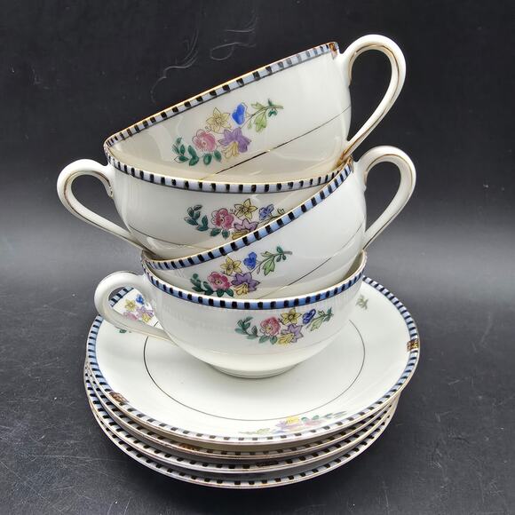 Nortiake Sheridan Tea Cups Saucer Set of Four Art Deco Floral Blue Black JapN - Picture 1 of 9